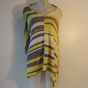 Womens Kate O'Connor Yellow Gray White Striped Fringe Cotton Silk Poncho OS *